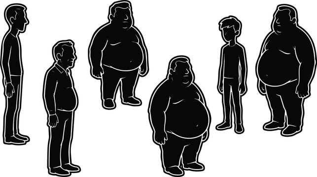 Vector sticker style side view group of male silhouettes showing body size diversity from slim to obese standing in profile with white outline bold contrast isolated