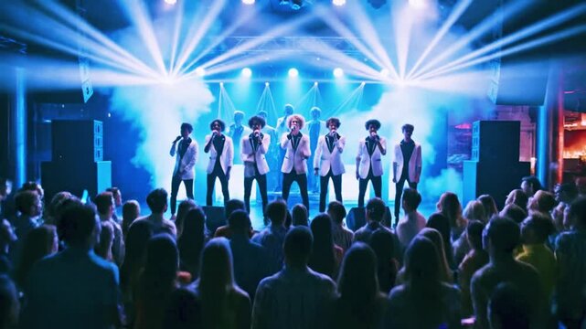 Electric blue energy floods the stage for a dramatic pop performance.