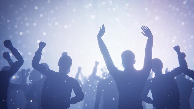 Energetic crowd at a concert with hands in the air, enjoying the music.