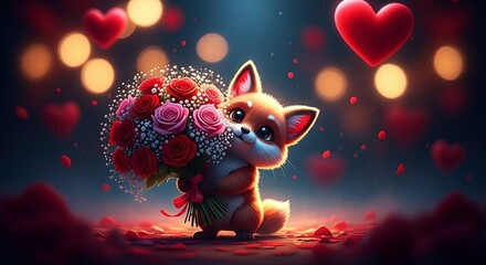 Fototapeta premium Cute cartoon fox holding a rose bouquet for Valentines Day. Adorable animal character with flowers in a romantic setting. Holiday greeting card design.