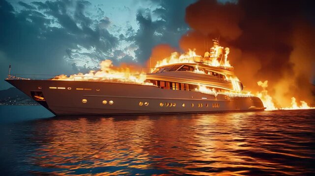 Luxury yacht burning on open ocean beneath dramatic evening sky with intense cinematic atmosphere