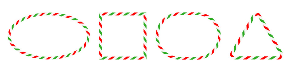 Collection red, green and white candy cane striped geometric outlines, including circle, square, oval and triangle