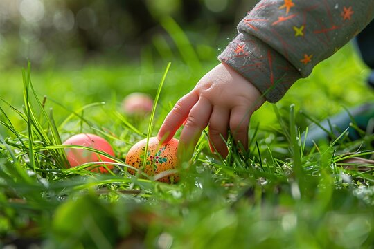 A young child reaches down to grab a bright egg hidden in the green grass. This moment occurs during an Easter egg hunt on a sunny spring day. The scene captures the joy of finding eggs