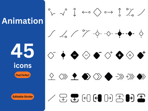 Animation and Motion Design Icon Set: 45 Editable Stroke Line Icons for Keyframes, Easing Curves, and Video Editing UI