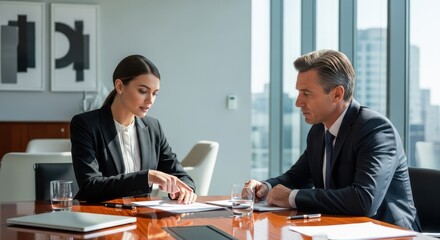 Obraz premium Business professionals collaborating over documents in a modern office setting.