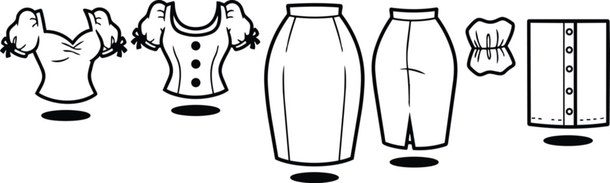 Line art vector icons set of vintage puff sleeve tops pencil skirts buttoned blouse and waist sash isolated on white simple fashion icons flat collection outline