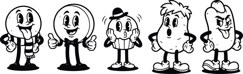 Fototapeta premium Rubber hose vintage cartoon close up line art five smiling food mascots lollipop coin cupcake potato sausage characters standing in a row expressive poses retro animated