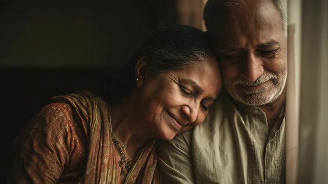 Senior Indian man and woman in traditional clothing resting heads against each other with eyes closed in peaceful affectionate pose near a window, conveying love, trust and companionship in old age.