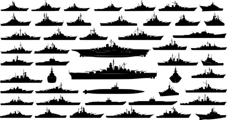 Warship navy silhouettes set, large pack of vector silhouette design, isolated 