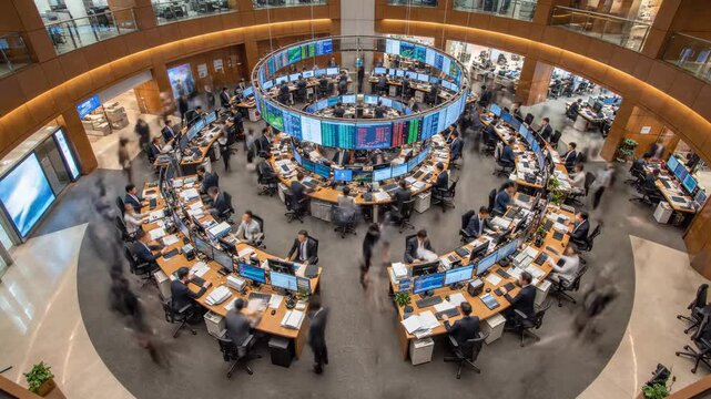 High angle view of a bustling, modern stock exchange trading floor, with busy traders working at computers while crowds of business people walk past, showing a dynamic financial environment