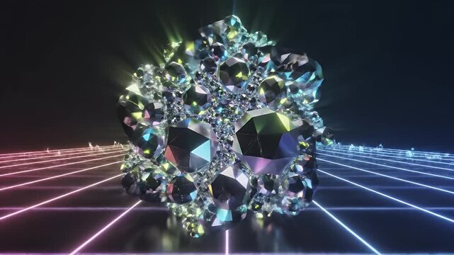 Abstract crystalline growth with iridescent facets and geometric planes