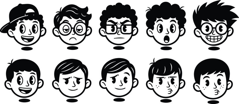 Cartoon vector headshot set of ten boys with varied expressions wearing glasses cap and different hairstyles front facing close up black and white bold lines icons