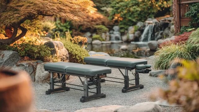Orthopedic recovery session set in a bright garden showcasing adjustable therapy benches and blurred plants for a calming atmosphere.