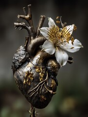 Fototapeta premium An artistic heart sculpture with a white flower emerging from its center. Intricate details and metallic textures blend nature and craftsmanship.
