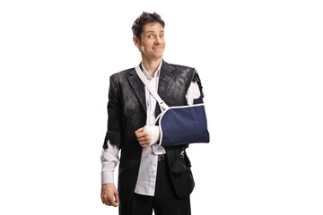Man with a torn suit and an arm injury