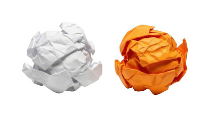 Two crumpled paper balls, one white and one orange, isolated on transparent background