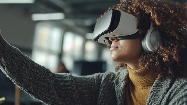 Student rehearsing language proficiency test using VR headset medium shot emphasizing facial expressions with virtual classroom background faded for stress relief visualization.