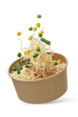 Instant ramen noodles with flying vegetables in paper bowl