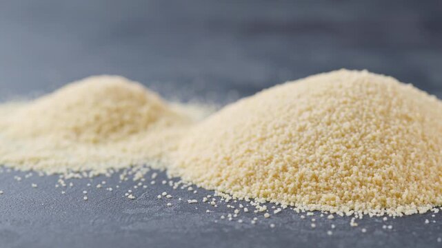 Pile of couscous on a dark kitchen table.  Heap of couscous on a black marble background.