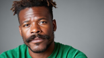 Obraz premium A close-up portrait of a serious man featuring a distinctive mustache, his gaze and expression convey depth, highlighting individuality and personal style in a modern context.