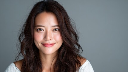 Naklejka premium A portrait of a smiling woman with beautifully tousled hair set against a neutral background, radiating warmth, positivity, and grace in her expression.