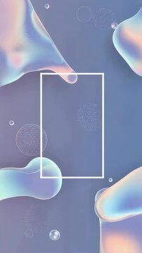 Evolving abstract holographic liquid shapes with white frame and bubbles. Background for product display or modern art. Vertical video