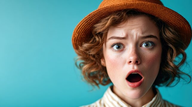 An expressive young girl with wide eyes and an open mouth showcases surprise, capturing a moment of genuine emotion that is both relatable and engaging against a bright background.