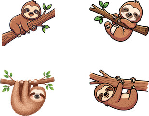Naklejka premium Four adorable cartoon sloths depicted in various poses on tree branches, showcasing their slow and gentle nature in a charming illustration.