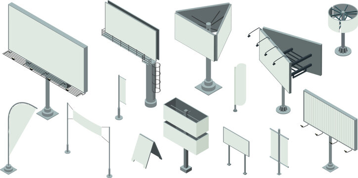 Isometric Grayscale Billboard Mockup Set 14 Outdoor Advertising Structures for Highway, Pedestrian and Street Level Campaign Visualizations