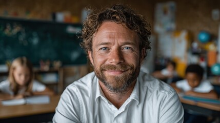 Fototapeta premium A warm and inviting image of a dedicated male teacher smiling in a classroom, exuding a sense of joy and enthusiasm that embodies the spirit of education and connection with students.