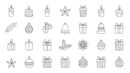 Christmas Icons Set: Candles, Gifts, Ornaments, Stars, Holly - Hand Drawn Sketch Style