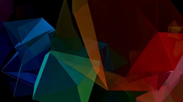 Abstract background with colorful geometric shapes moving and rotating in dark space. Dynamic motion graphic.