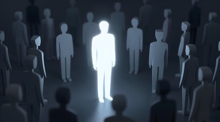 Glowing figure stands out in a crowd of gray figures in a dark room