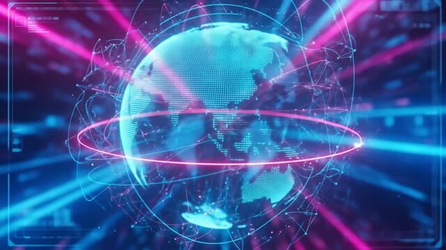 Futuristic global network with neon lit earth and digital connections