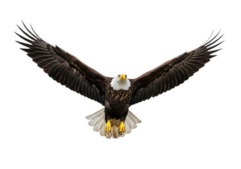 Obraz premium Bald eagle flying directly towards the camera with outstretched wings isolated on transparent background