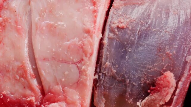 Fresh beef ossobuco steak with salt, spices and herbs on textured background, bones. 