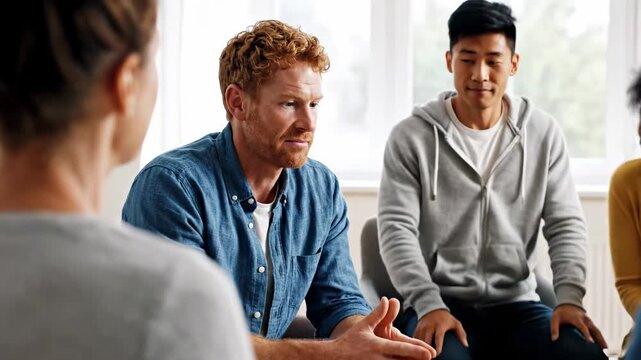 Red-haired man, in a blue shirt, shares his personal struggles with expressive hand gestures during a supportive group therapy session. Diverse peers listen intently in a bright, modern room