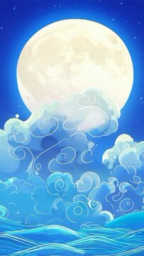 Glowing full moon animation with clouds and ocean waves motion graphic for night sky background loop Vertical video