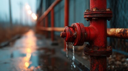 A close-up of a vibrant red fire hydrant with water droplets trickling from its side, set against a moody industrial background, evoking a sense of urban grit and functionality.