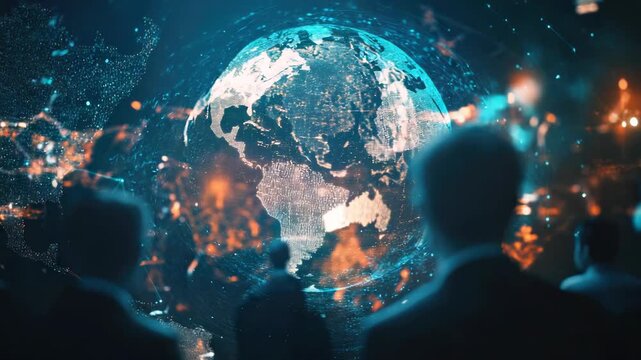 People watch Earth from space, with digital effects showing climate change and human activity on it