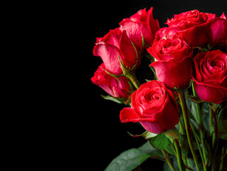 Fototapeta premium Vibrant bouquet of red roses with lush green stems and leaves on a black background symbolizing love and romance in a natural floral arrangement
