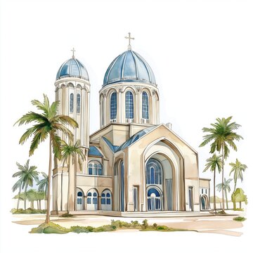 Basilica of Our Lady of Peace in Yamoussoukro. Basilica of Our Lady of Peace in Yamoussoukro hand drawn watercolor illustration on white background