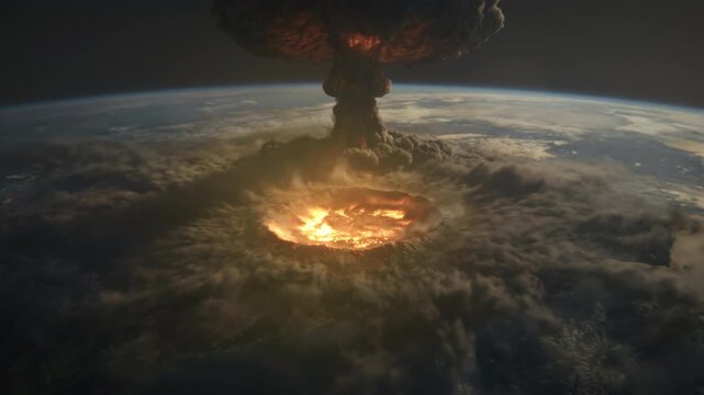 Space catastrophe visualized. Catastrophic nuclear blast seen from vast space perspective today. Dramatic depiction of nuclear explosion in space with vibrant visual effects