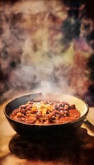Cozy watercolor chili con carne illustration invites warmth a rustic comfort food scene