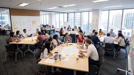 Obraz premium Diverse team collaborating in modern office space with brainstorming session