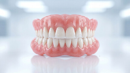 Obraz premium Removable Dentures with Water Drops on Clean Background – Dental Prosthesis Concept