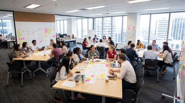 Diverse team collaborating in modern office space with brainstorming session