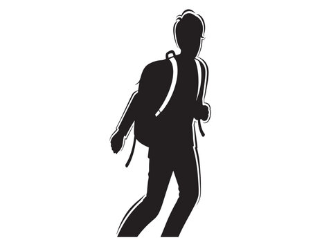 Minimalist black silhouette of a hiker with backpack