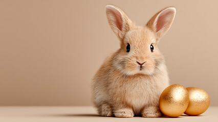 Obraz premium Cute Fluffy Rabbit Sitting Beside Two Gold Easter Eggs In Studio. Easter Portrait, Spring Celebration.