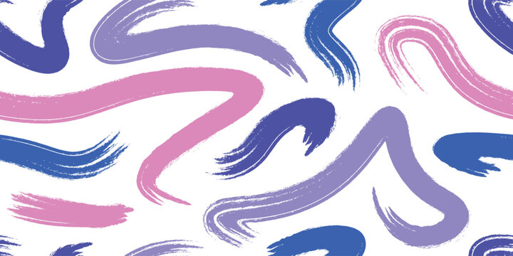Seamless pattern. Colored squiggles on white background. Abstract linear shapes with grunge brush. Textured doodles, lines. Childish doodles. Minimalistic vector illustration.